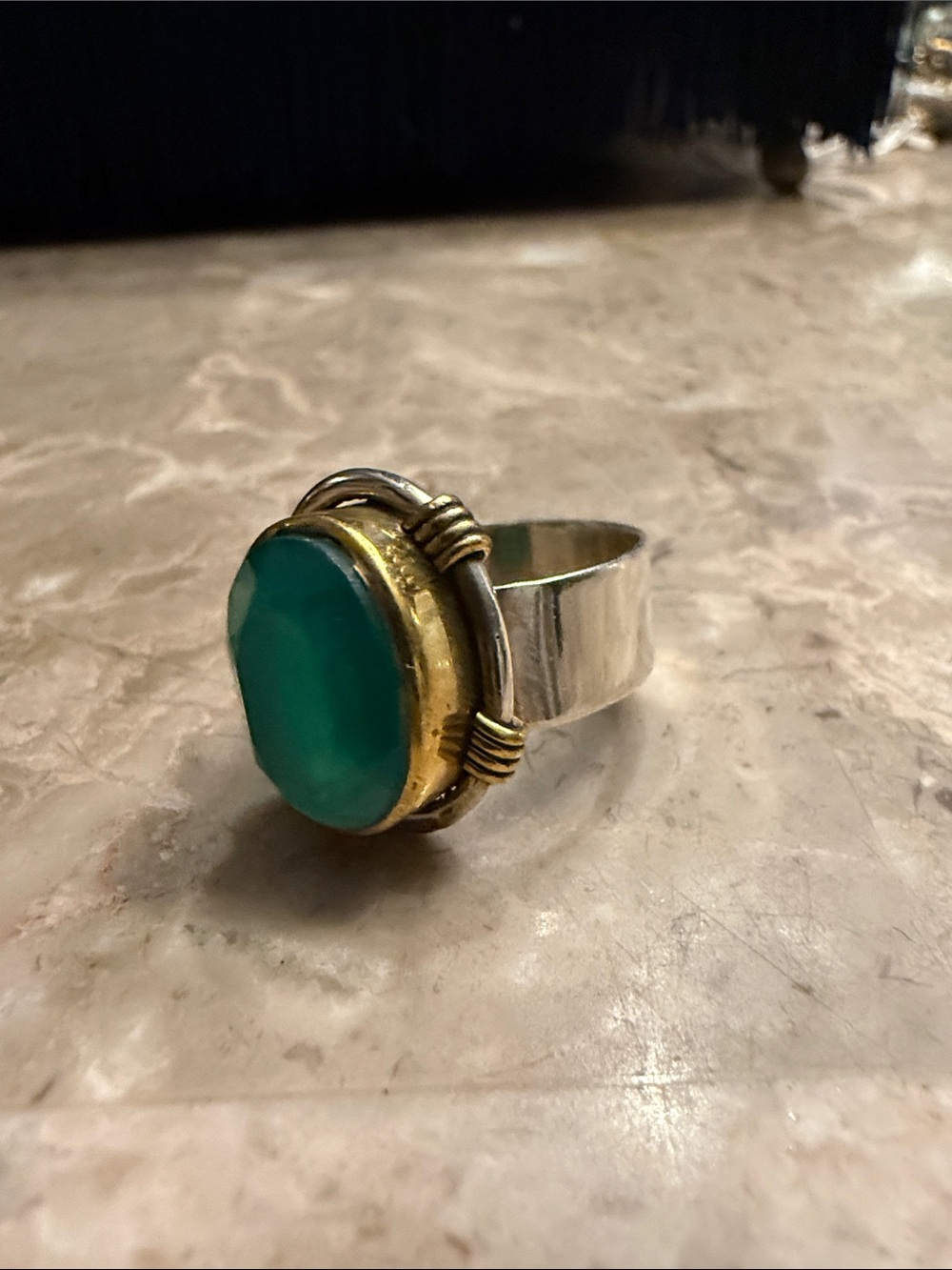Artisan created .925 brass and faceted green Chalcedony stone ring size 7.75